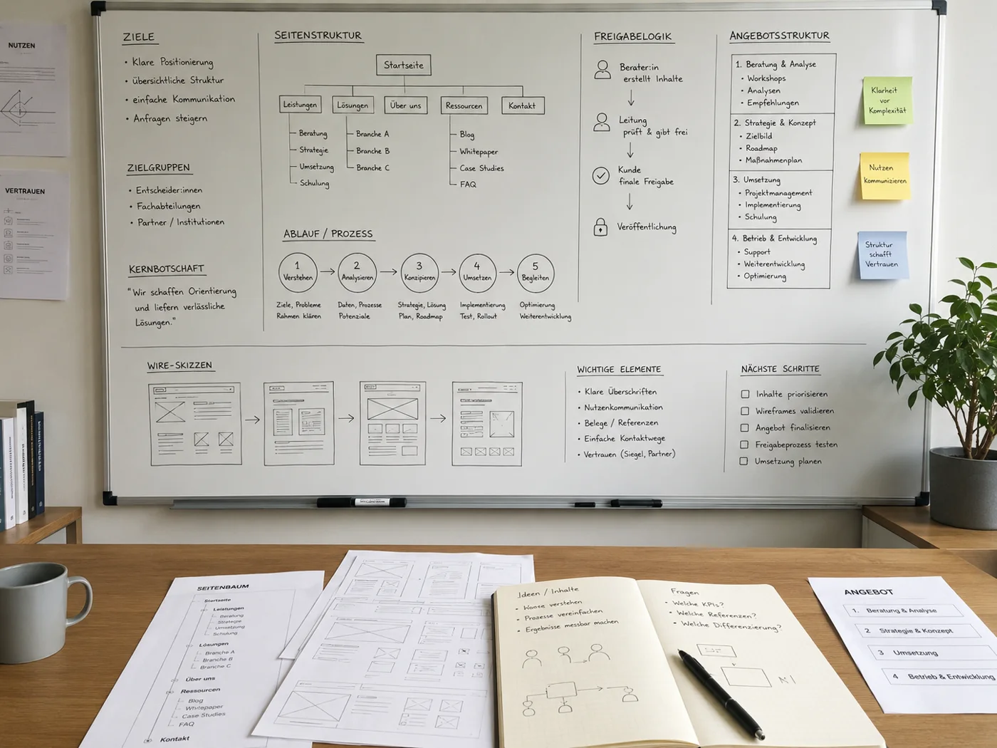 Whiteboard mit Seitenstruktur, Freigabelogik, Prozess und Wireframes als Beispiel für strukturierende Beratungsarbeit