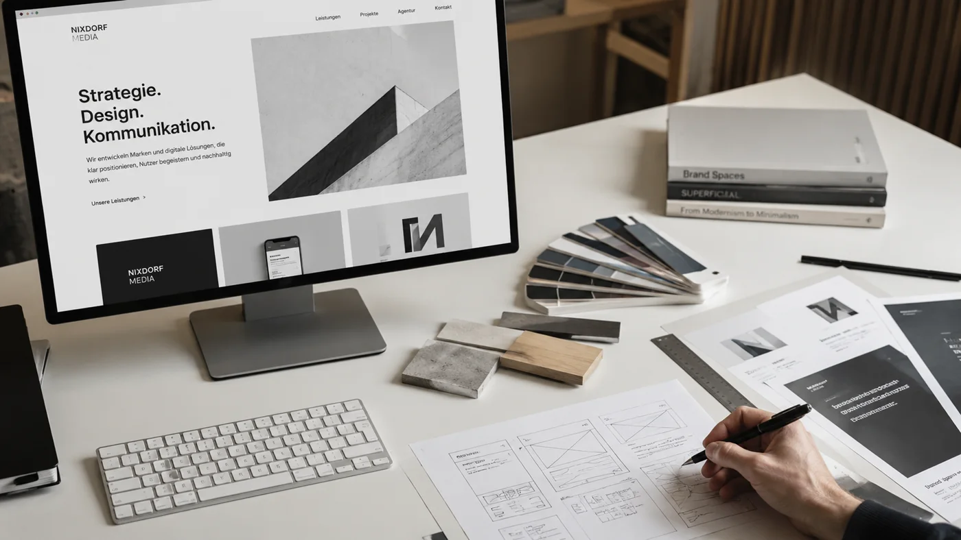 Arbeitsplatz mit Website-Entwurf, Materialmustern und Wireframes für die visuelle und strukturelle Planung eines Markenauftritts
