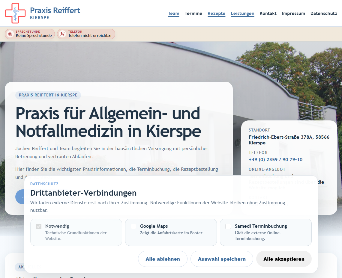 Screenshot der Website Praxis Reiffert Kierspe als Kundenreferenz von Nixdorf Media