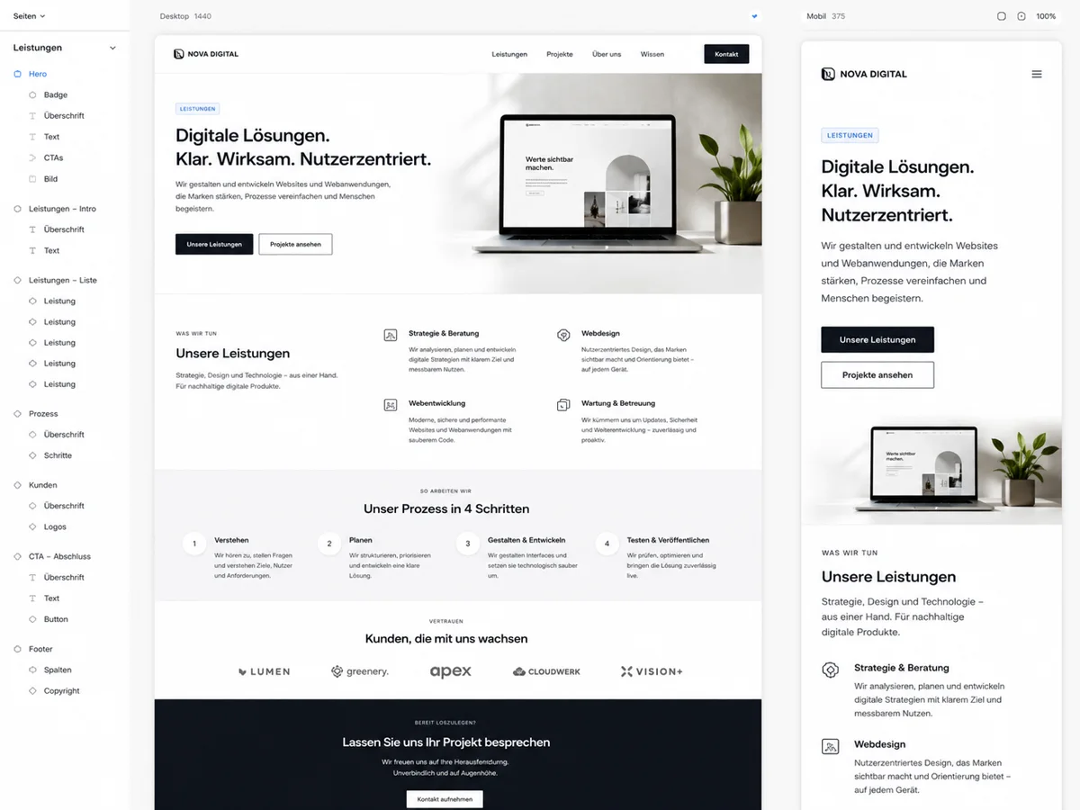 Website-Layout in Desktop- und mobiler Ansicht als Beispiel für klaren Seitenaufbau und responsive Nutzerführung